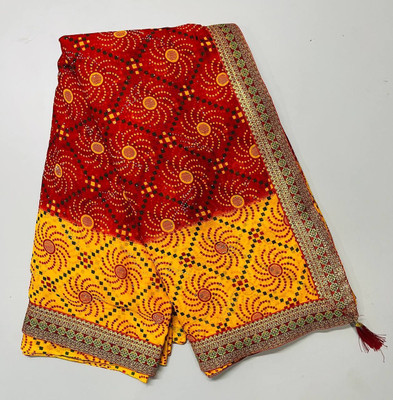 Laxmi Fashion Paisley, Printed Bandhani Jacquard, Cotton Silk Saree(Red, Yellow)