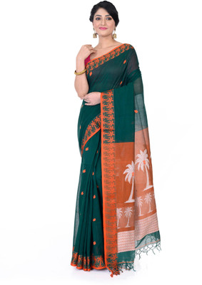 TANTUJA BENGAL HANDELOOM Self Design Handloom Handloom Pure Cotton Saree(Green)
