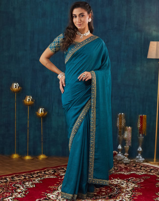 Divastri Embroidered, Embellished Bollywood Silk Blend, Cotton Silk Saree(Blue)