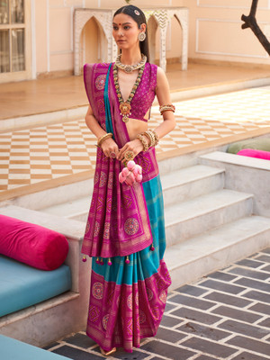 Sareemall Woven Patola Silk Blend Saree(Light Blue)