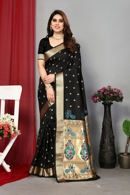 GOLDOLL FAB Woven Paithani Jacquard Saree(Black)