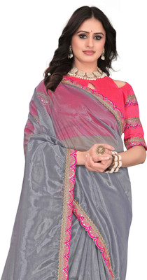 Mortile Designer Studio Embroidered Bollywood Lycra Blend Saree(Grey)
