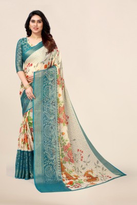 Divastri Floral Print, Self Design, Printed Bollywood Chiffon, Brasso Saree(White, Light Blue)