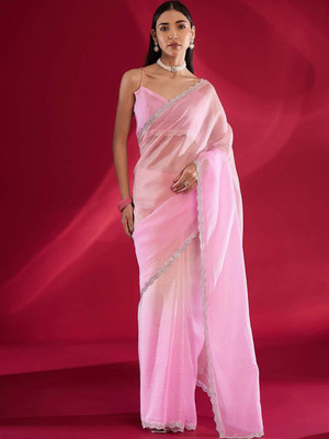 all about you Embellished Daily Wear Tissue Saree(Pink)