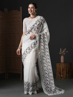 ANOUK Printed Bollywood Cotton Blend Saree(White)