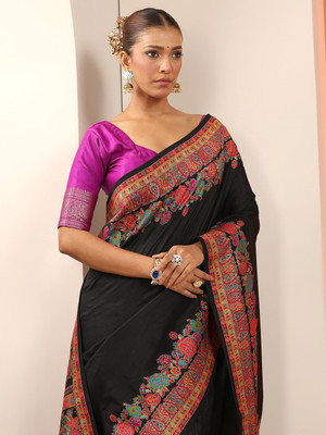 LIBAS Printed Daily Wear Silk Blend Saree(Black)