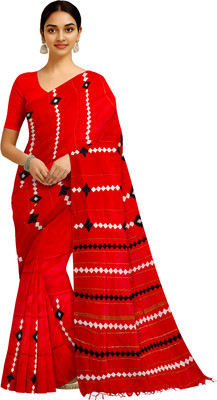 SHRISTI CLOTHINGS Applique Handloom Pure Cotton Saree(Red)