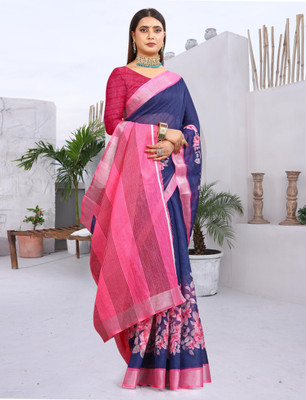PRTRENDZ Woven Kanjivaram Pure Cotton, Cotton Linen Saree(Dark Blue, Pink)