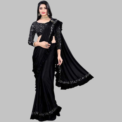 khodal chhaya Solid/Plain Daily Wear Lycra Blend Saree(Black)