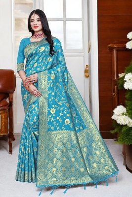 ALMEDA Embellished Kanjivaram Silk Blend Saree(Light Blue)