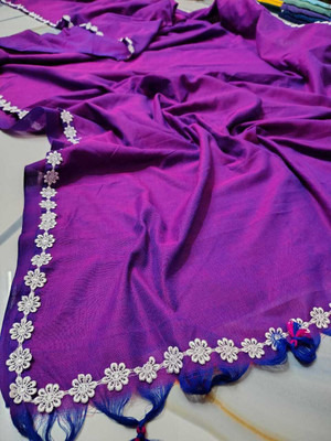 TWRIL Solid/Plain, Embroidered Handloom Cotton Blend Saree(Purple)