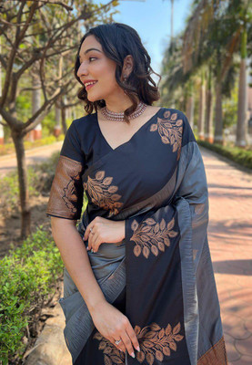 PHEASANT Woven Kanjivaram Pure Silk, Jacquard Saree(Grey, Black)