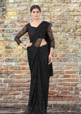 Fashion Field Solid/Plain Bollywood Net Saree(Black)