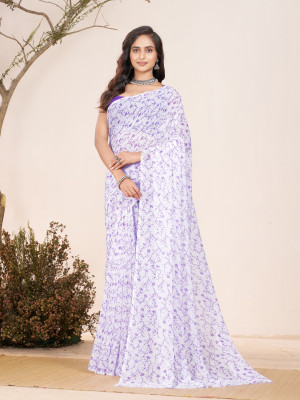 GARDEN VARELI Floral Print Bollywood Georgette Saree(White, Purple)