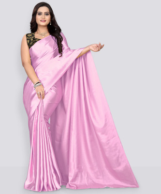 PCDESIGNER Solid/Plain Bollywood Satin Saree(Pink, Black)