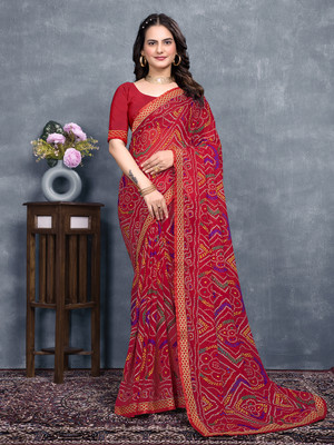 Kanooda Prints Printed Daily Wear Georgette Saree(Red)