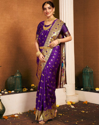 Divastri Woven, Embellished Paithani Silk Blend, Jacquard Saree(Purple)