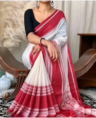 Gpsaree Woven Handloom Cotton Silk Saree(White, Maroon)