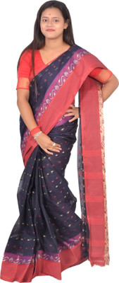 BiswasTextiles Striped Tant Pure Cotton Saree(Blue)