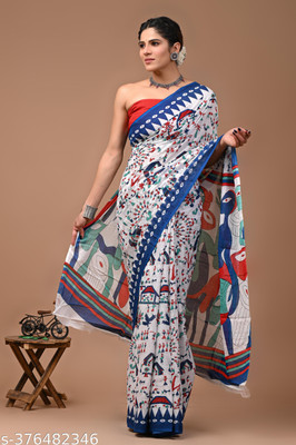 SITA MAHALAKSHMI FASHION Floral Print Ikkat Cotton Blend Saree(Blue)