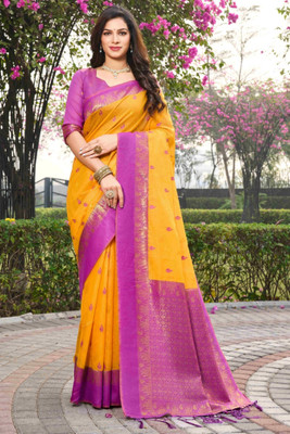 ROOP LAVANYA Woven Kanjivaram Pure Silk Saree(Yellow, Purple)