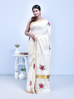 stotra Embroidered Kasavu Cotton Blend Saree(White)