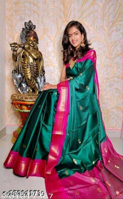 S S CREATION Woven Paithani Pure Silk Saree(Dark Green)