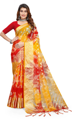 KOTHARI SBT Printed Bandhani Organza Saree(Red, Yellow)