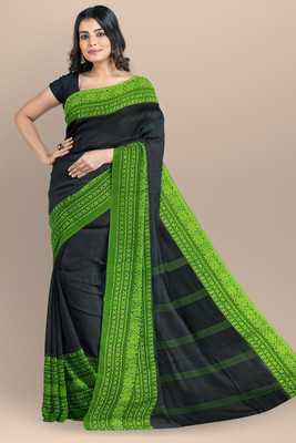 Bong ButiQ Woven Tant Handloom Cotton Blend Saree(Green, Black)
