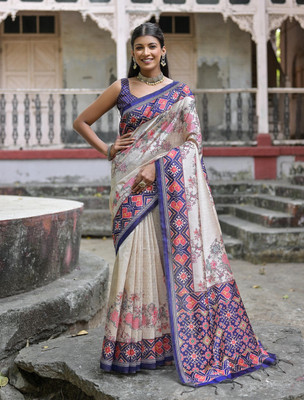 Tasrika Printed Patola Tussar Silk Saree(Beige, Blue)