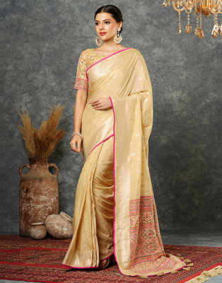 Samah Self Design, Woven, Embellished Banarasi Silk Blend Saree(Beige, Multicolor)