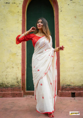 Joyguru Textile Self Design Handloom Pure Cotton Saree(White)