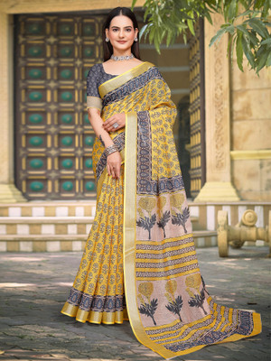 Anouk Rustic Digital Print Hand Batik Cotton Linen Saree(Yellow)