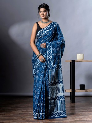 NaiNath Fab Hand Painted Handloom Pure Cotton Saree(Blue)