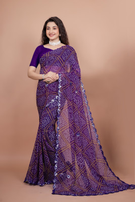 kumawat creation Printed Bandhani Georgette Saree(Purple)