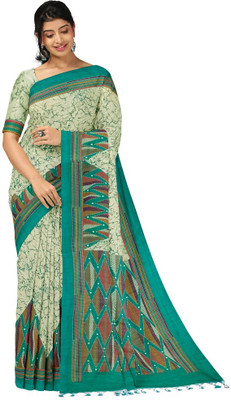 Joyguru Textile Printed Hand Batik Cotton Blend Saree(Green)