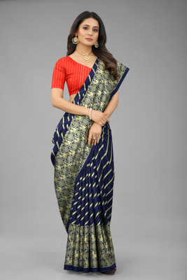omeeka Animal Print, Striped, Printed, Self Design, Embellished Kanjivaram Cotton Silk, Cotton Blend Saree(Dark Blue)