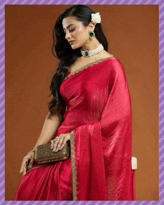 ATHARV Solid/Plain Bollywood Chiffon Saree(Red)