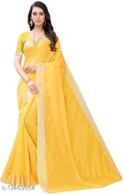 nebula creation Solid/Plain Bollywood Cotton Blend Saree(Yellow)