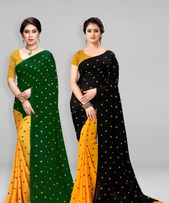 kashvi sarees Polka Print Daily Wear Georgette Saree(Pack of 2, Green, Black, Yellow)