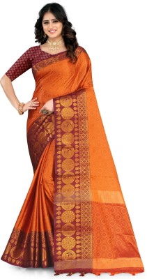 Leelavati Woven Kanjivaram Pure Silk, Art Silk Saree(Maroon, Orange)