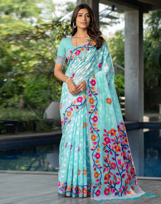 Satrani Woven, Self Design, Embellished Handloom Cotton Blend Saree(Blue, White)