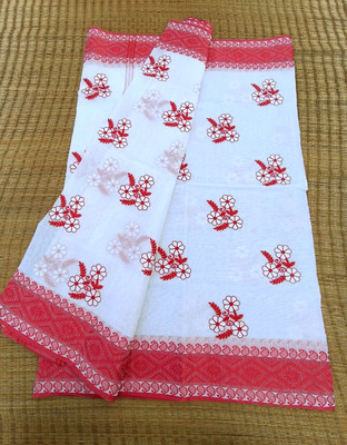 Priyongboda Woven Jamdani Cotton Blend Saree(White, Red)