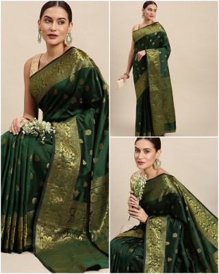 Kronzam Self Design, Woven, Applique Banarasi Jacquard, Art Silk Saree(Green)