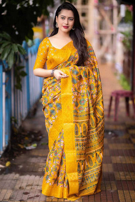 Varda Printed, Floral Print Daily Wear Cotton Silk Saree(Yellow)