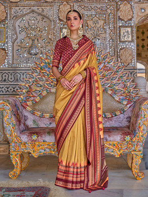 ANOUK Printed Chinnalapattu Silk Blend Saree(Yellow)