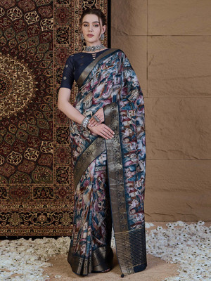 Sareemall Printed Pochampally Viscose Rayon Saree(Dark Blue)