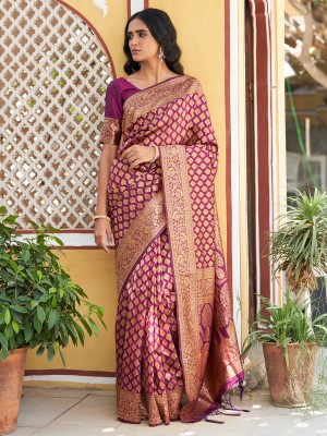 Janasya Woven, Self Design Banarasi Silk Blend Saree(Purple)