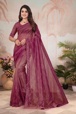 HESOFY Solid/Plain Bollywood Net Saree(Pink)