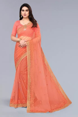 ALAGINI Embroidered Bollywood Net Saree(Orange)